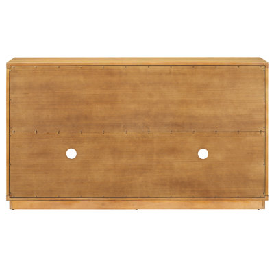 Grand buffet de rangement arqué à 4 portes avec portes en verre, tablettes réglables, bois naturel, style rétro, placage de chêne, structure en bois d'hévéa, poignées en métal, gestion des câbles, serrure magnétique