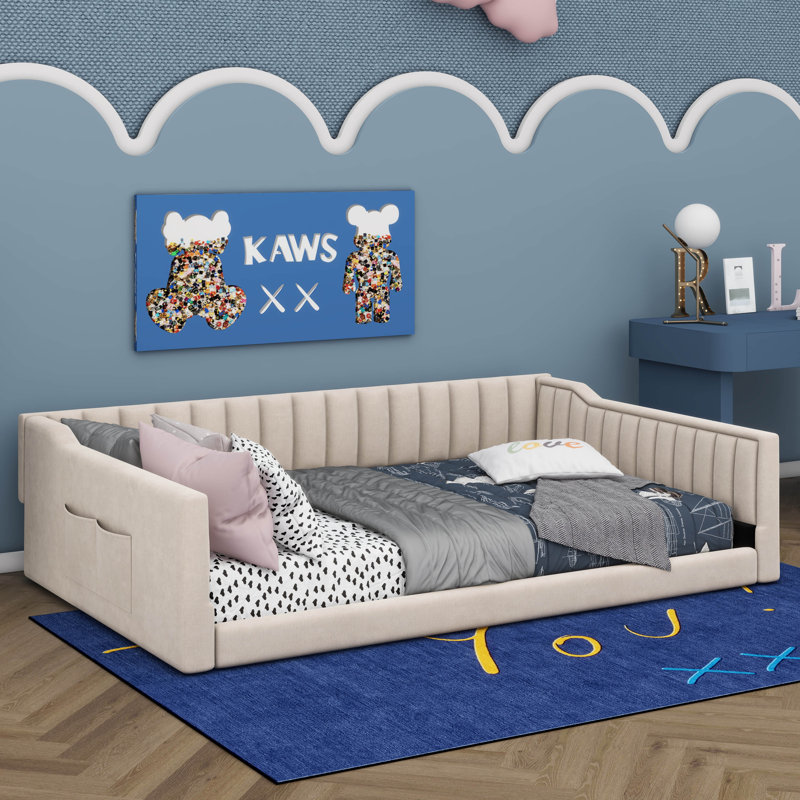 Lit de jour rembourré avec poche de rangement latérale, Double TG, Beige
