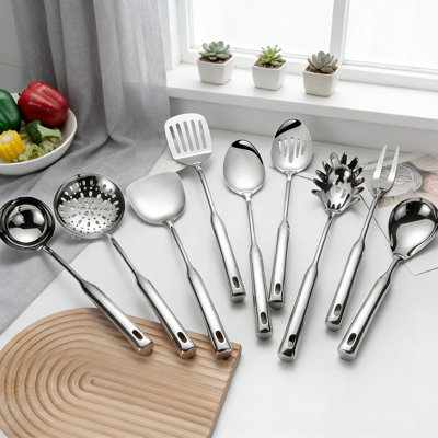 9-Piece Stainless Steel Cooking Utensil Set With Extended Handles & Hanging Holes