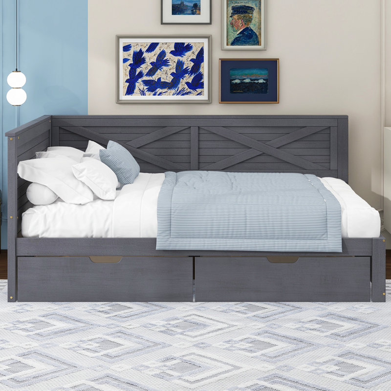 Lit de jour simple en bois avec 2 tiroirs et garde-corps rustique, gris antique