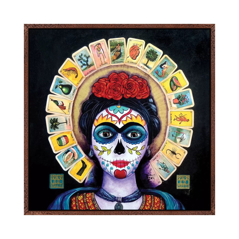 Frida Loteria 1 Piece Painting on Canvas, 66.04cm H x 66.04cm W x 3.81cm D, Classic Brown Wood Framed