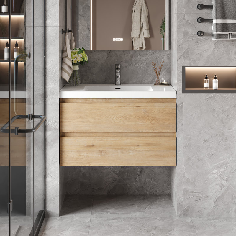  Angela 30 inch Fully Assembled Single Floating Bathroom Vanity with Solid Surface Sink, Light Oak