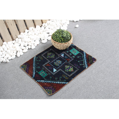Traditional Small Turkish Anatolian Wool Rug in Vibrant Blue for Entryway Decor