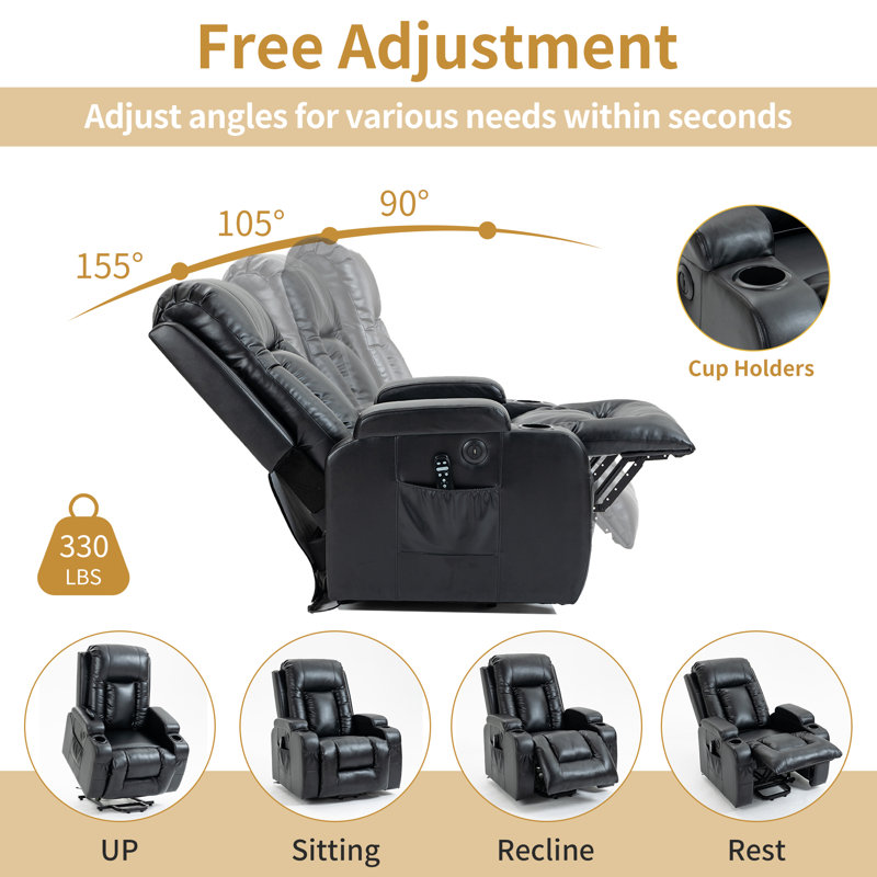 Emalina 39.76"W Breathable Faux Leather Power Recliner, Massage, Heater, Standing Assistance, Black