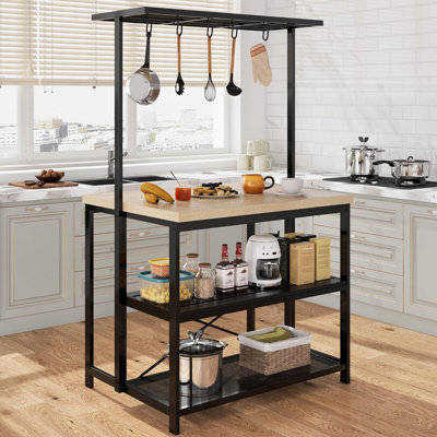 42" Kitchen Island - Mobile Bakers Rack with 3 Shelves, Microwave Stand & 5 Hooks