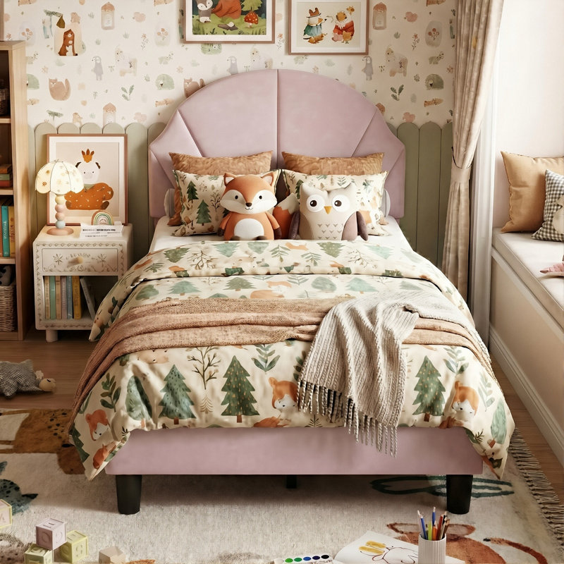Kids Velvet Bed, Scalloped Shell Upholstery Headboard With Adjustable Height, European Single (90 X 200 cm) , Pink