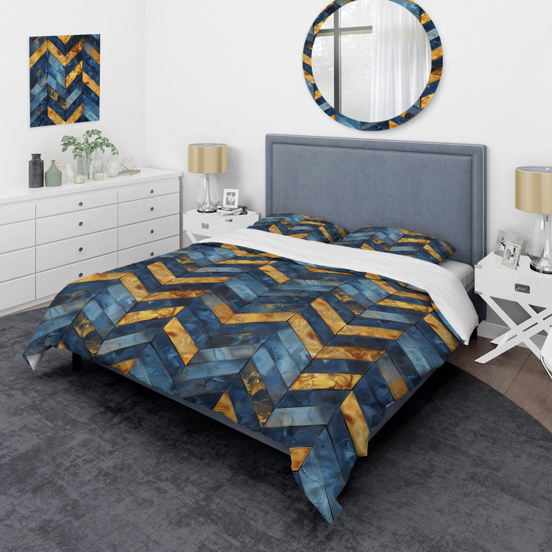 Ensemble de housse de couette transitionnel bleu doré à chevrons Glamour VII