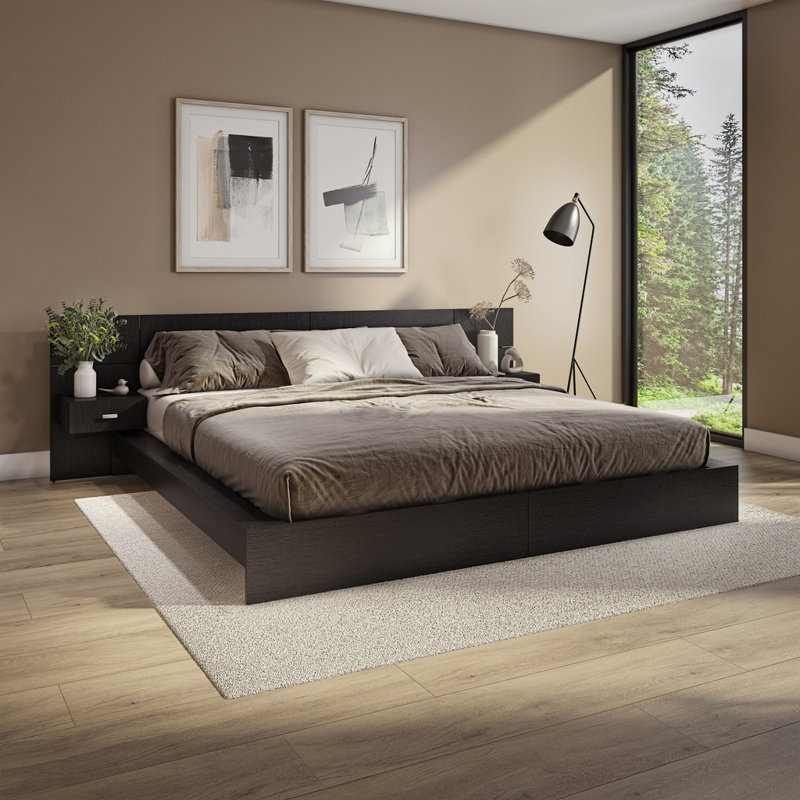 Chambre à coucher moderne Kaphan - Lit plateforme avec tête de lit et tables de chevet (2) - Assemblage facile, aucun sommier requis