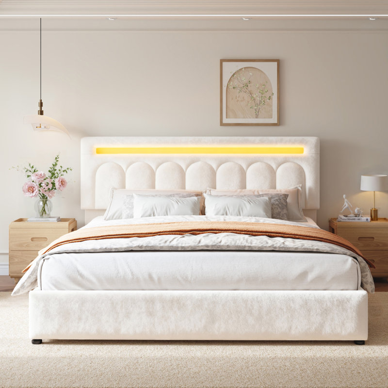 Structure de lit tapissier avec lumière DEL, lit de rangement avec 4 tiroirs, King, Beige