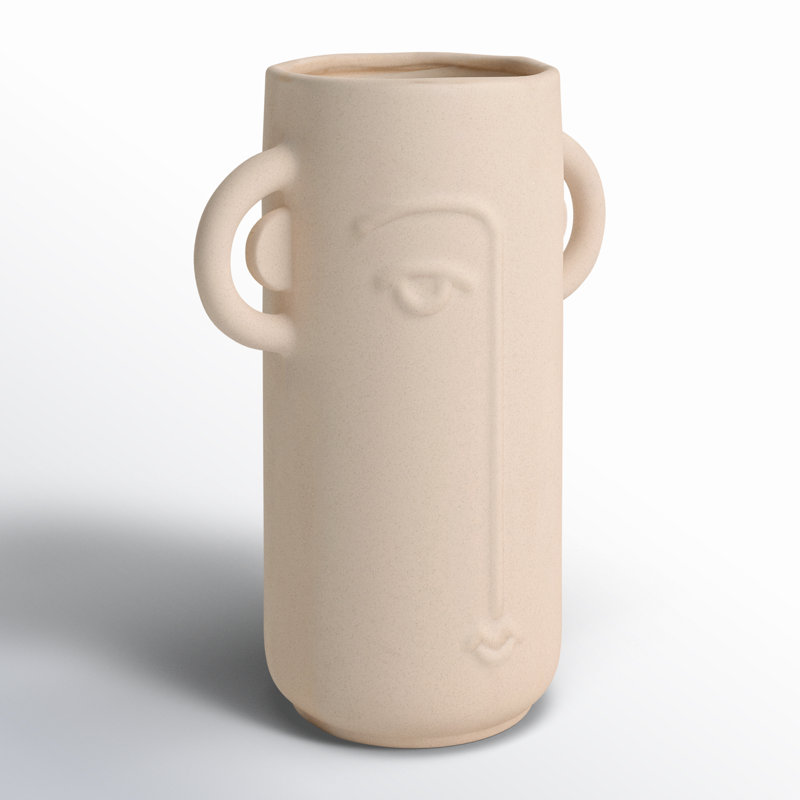 Vase Stoneware Ceramic Abstract Face Design Boho Decorative Accent for Home Office Living Room Bedroom - 10" Ivory & Tan