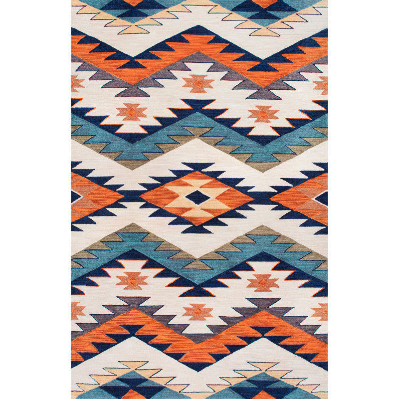 Handmade Hooked Orange/Cream/Navy Area Rug, Rectangle 5' x 8'