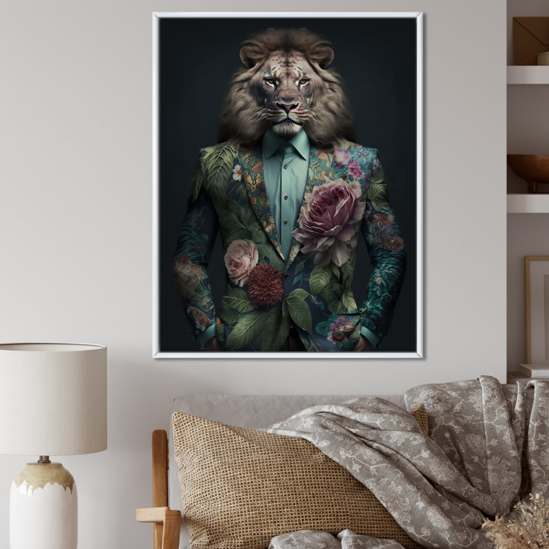 Lion glamour avec costume de fleurs - animaux, impressions d'art mural lion, 32" H x 16" W, Cadre flottant blanc