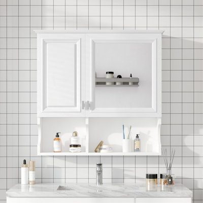 Armoire à pharmacie à miroir de 30 pouces avec tablettes ouvertes, rangement mural avec portes et miroir, tablette réglable, armoire de rangement pour salle de bain au-dessus de la toilette