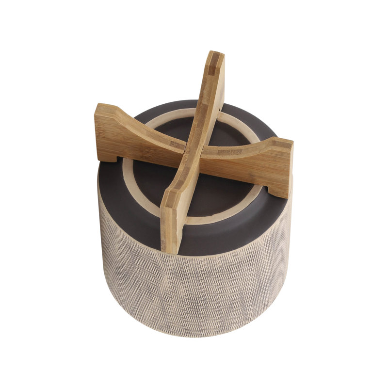 Set of 2 Beige Ceramic Planters with Wooden Stands