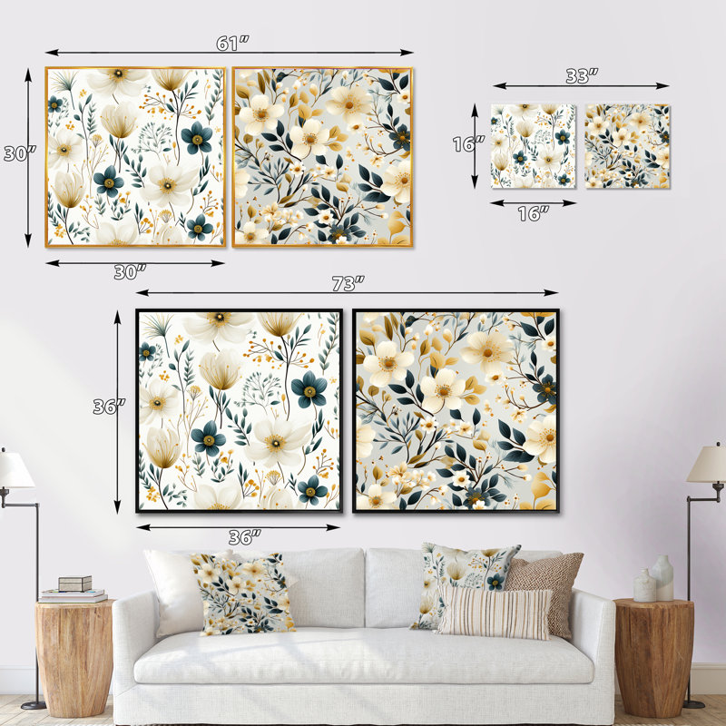 Francoise - Ensemble de 2 collages carrés floraux, Cadre flottant brun, H 30 po x l 61 po