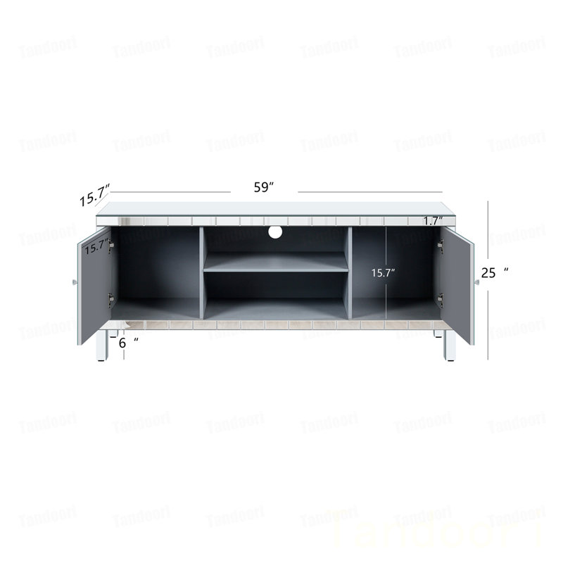 Meuble télé en miroir pour téléviseur de 65 pouces et plus, console de télévision avec rangement ouvert et 2 armoires de rangement, portes de miroir en forme de M