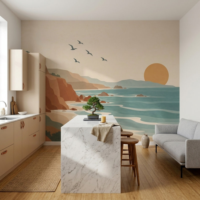 Papier peint mural rétro représentant un coucher de soleil sur des falaises côtières, 160 po x 108 po, Non tissé