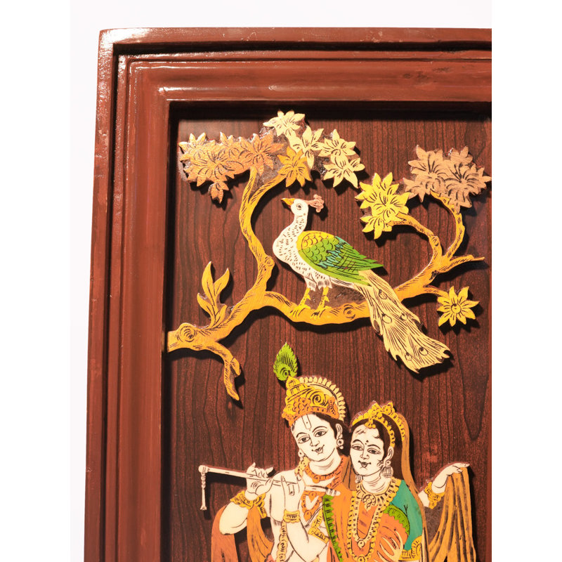 Radha Krishna with Flute 3D Wood Relief Wall Art, 31-Inch Hand-Carved Indian Spiritual Decor with Inlay
