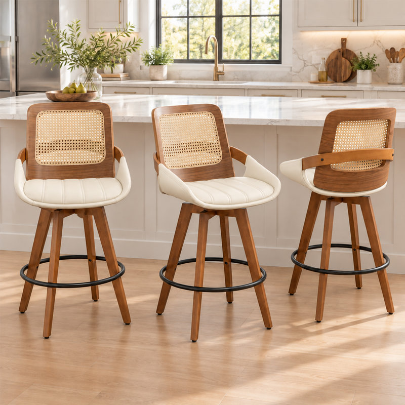 Hudgins Swivel Upholstered Counter Stool with Solid Wood Frame, Beige