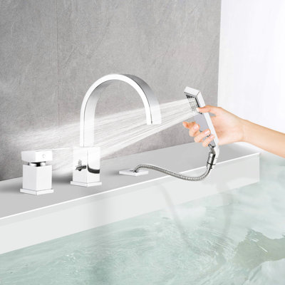 Waterfall Bathtub Faucet With Handheld Shower - 16" Depth And Spout Tub Filler Hand Package 13" Width