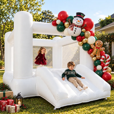 Château gonflable 11 pi x 8 pi blanc avec toboggan et soufflerie, château gonflable intérieur / extérieur en tissu Oxford pour enfants