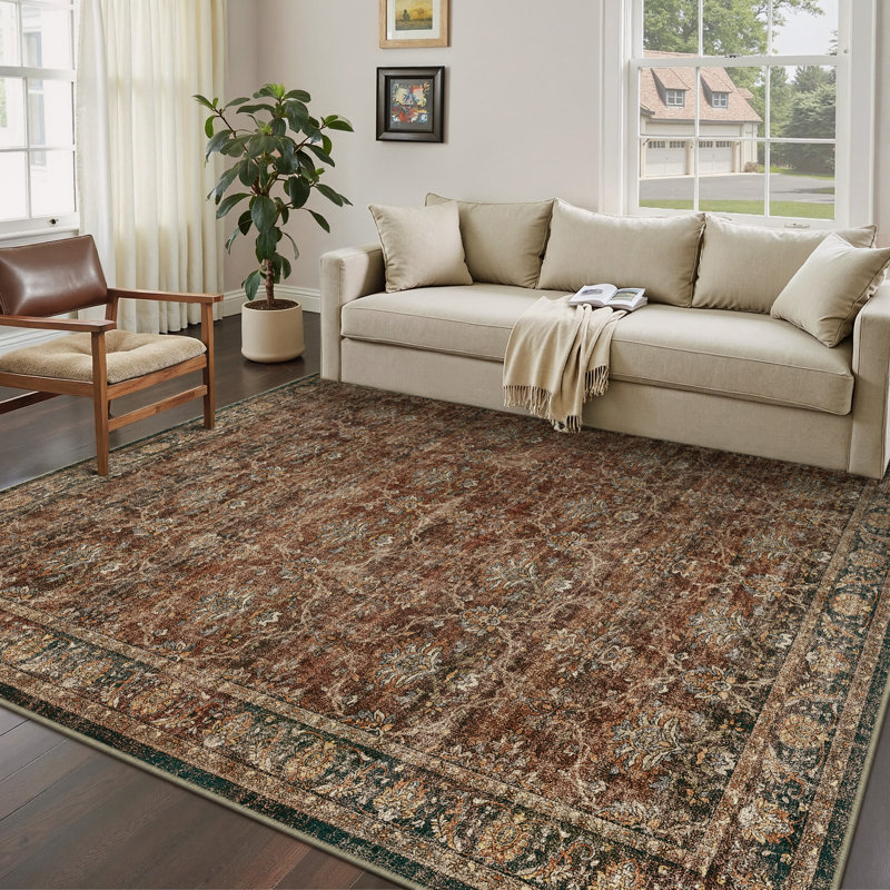  Tapis rouge / brun Orihue pour le salon avec envers antidérapant, Rectangle 5 pi x 7 pi