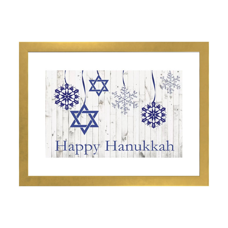 «Punny Hanukkah» par Alicia Ludwig - impression d'art graphique, H 16 po x l 24 po x P 1 po, Blanc, Papier encadré doré