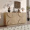 Grande armoire de rangement en bois à 4 portes avec poignées semi-circulaires et tablettes réglables pour la salle à manger, la cuisine et le salon