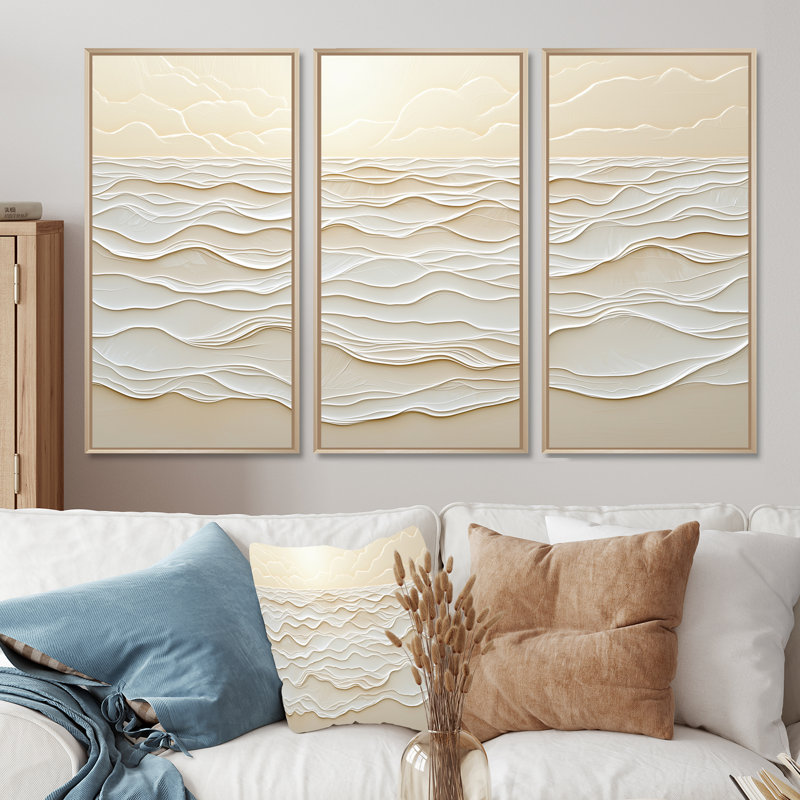Ensemble de salon Seaside Dawn I - art mural côtier, Naturel, Reproduction avec cadre flottant, H 28 po x l 36 po