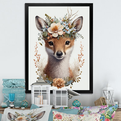 Mignon bébé renard avec couronne florale I - animaux, art mural sur toile