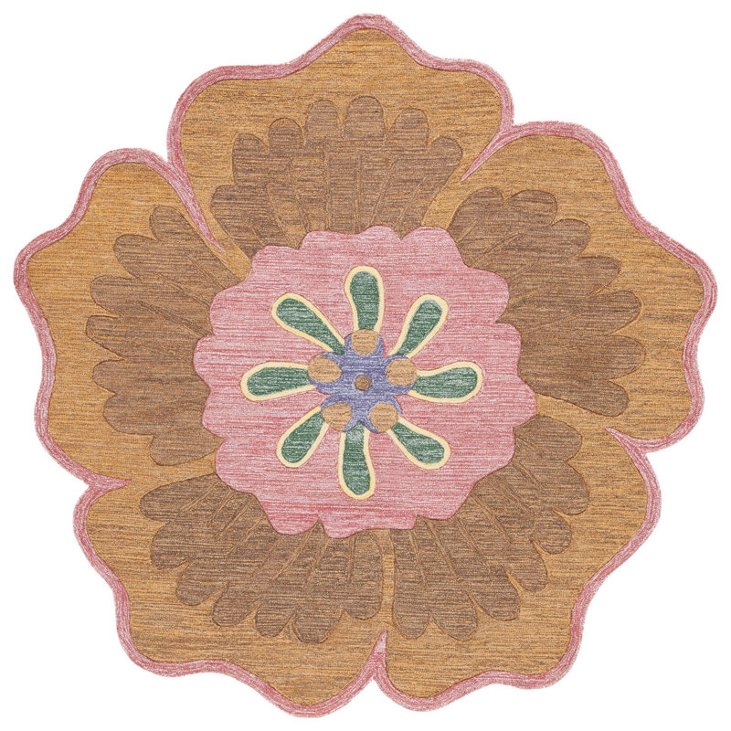 Mallina Novelty Hand Tufted Wool/Cotton with Cotton Backing Floral Rug in Gold/Pink, Round 6'