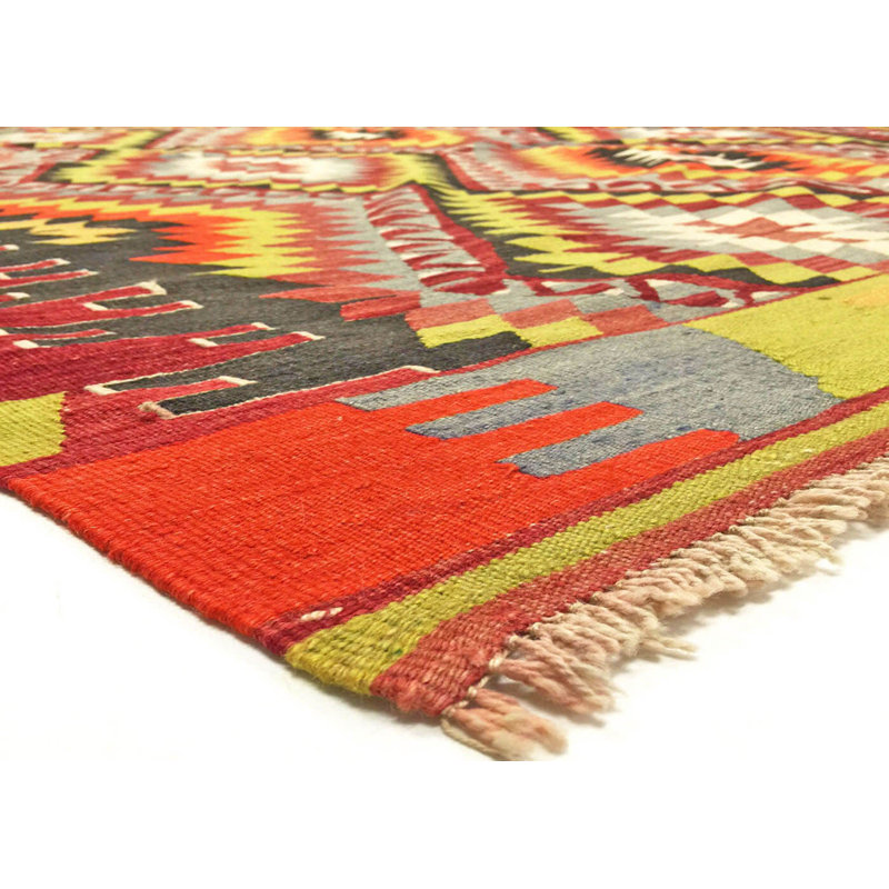 Tapis unique en laine noué à la main de style années 1960 de 6 pi 7 po x 10 pi 1 po jaune / noir / rouge