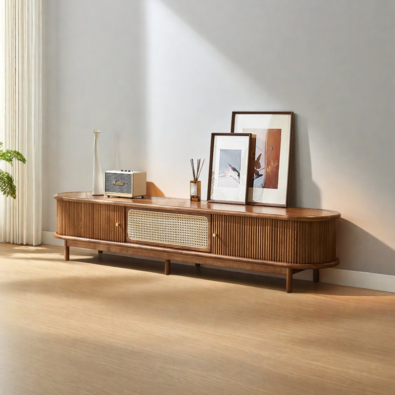 Meuble télé en bois de frêne de haute qualité avec tiroir en rotin, H 14,96 po x L 70,86 po x l 16,53 po, Brun