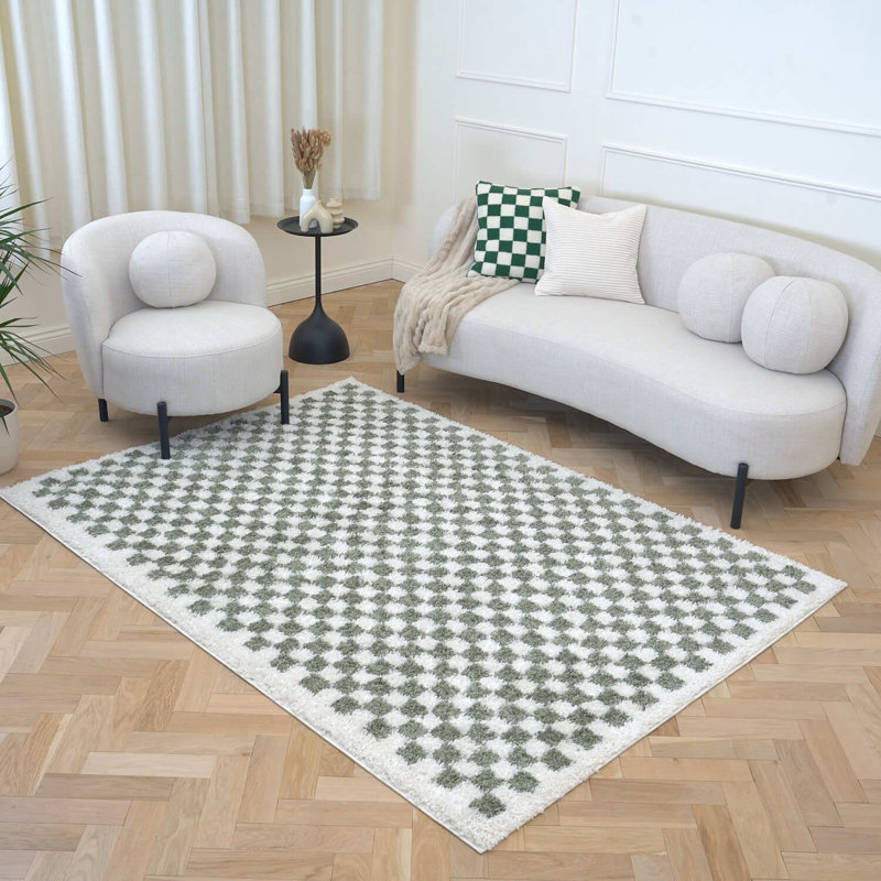 Moodi Modern Shaggy Area Rug Checkered Design, Rectangle 80 x 150 cm, Off-White/Green
