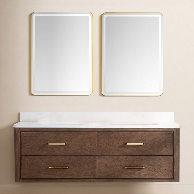 Meuble-lavabo double 60 po avec plateau Cristo, Chêne brun foncé