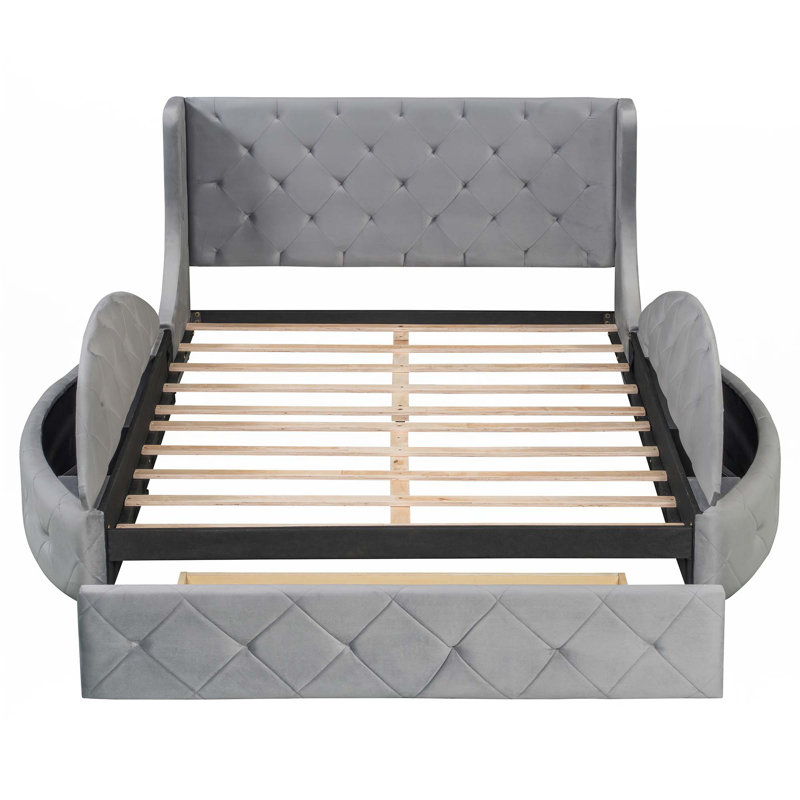 Lit plateforme tapissier en velours avec tête de lit à oreilles, grand tiroir et tabourets de rangement latéraux, gris
