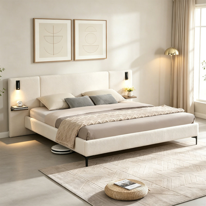 Chic Boucle Upholstered King Bed With Integrated Reading Lights And Functional Headboard Shelves