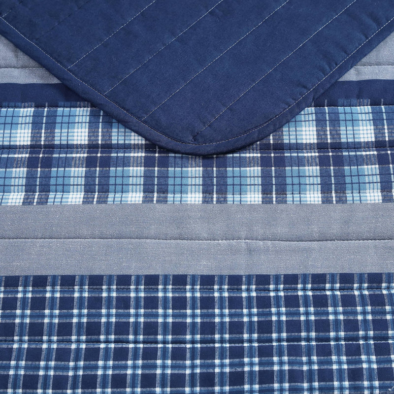 Navy Blue Chambray Solid Reversible Cotton Twin Quilt Set