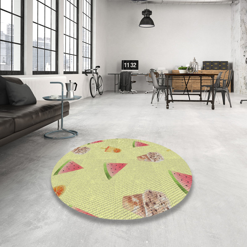 Tapis crème/rose à motifs, Rond 4 pi