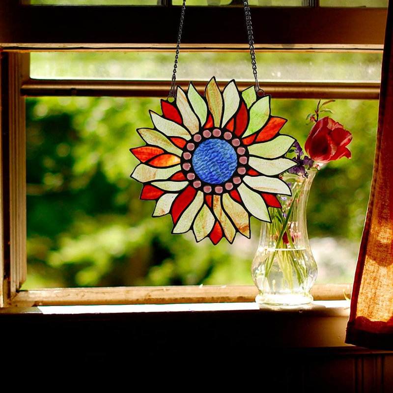 Panneau de vitrail Sunflower, Jaune / rouge / bleu