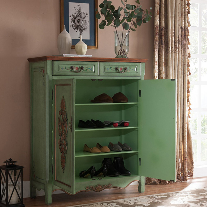 Solid Wood Carved And Painted Shoe Cabinet 20 Pair Shoe Storage Cabinet, Green