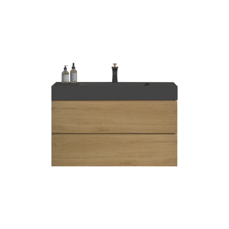 Meuble-lavabo moderne avec lavabo, Noir, noir, noir, noir, Chêne naturel