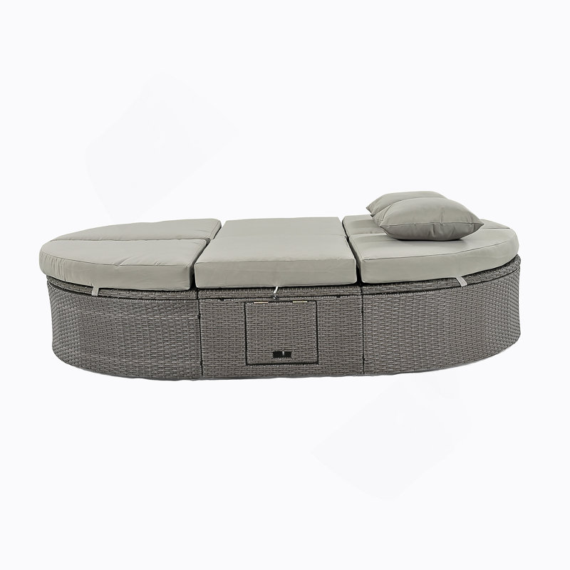 Lit de jour d'extérieur pour terrasse avec coussins et coussins, chaise longue inclinable en rotin, Gris