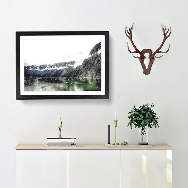 Lake and Mountains in Alaska - Picture Frame Painting Print, 45cm H x 63cm W x 2cm D, Black Framed