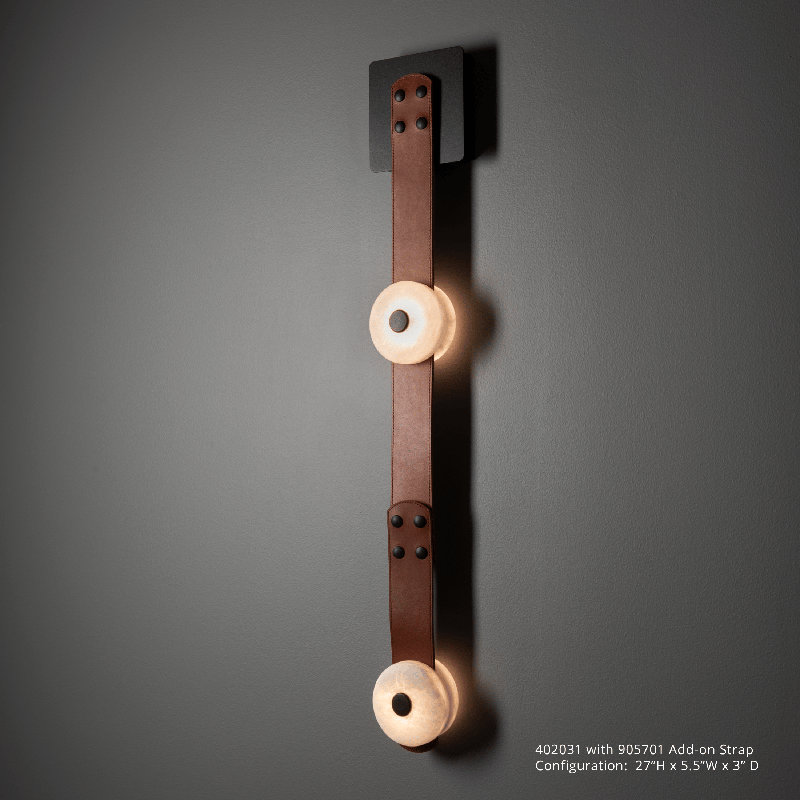 Snaps 1 - Light LED Armed Sconce by Andy Morter, Chestnut Leather, Black