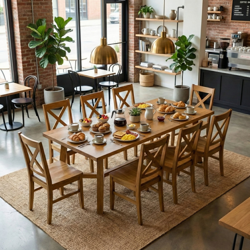Oaklyn Modern Rectangular Dining Table Set, 9 Pieces: Table, 8 Chairs, Light Yellow Wood