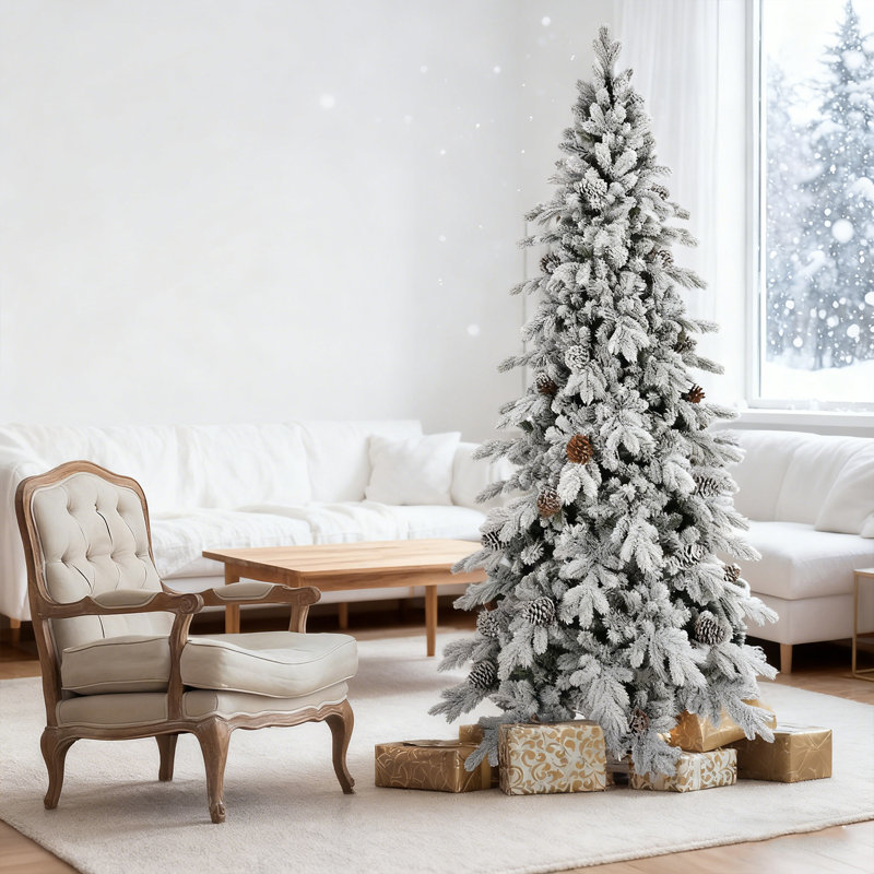 Arbre de Noël 7,5 pi en PVC / PVC floqué avec pommes de pin naturelles, branches articulées, support en métal stable, aspect enneigé réaliste