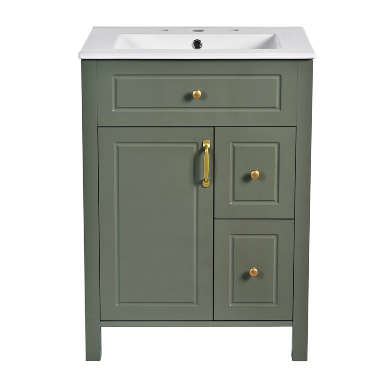Meuble-lavabo de 24 pouces avec lavabo en céramique, 1 porte à fermeture en douceur, 2 tiroirs à fermeture en douceur et 2 supports de rangement