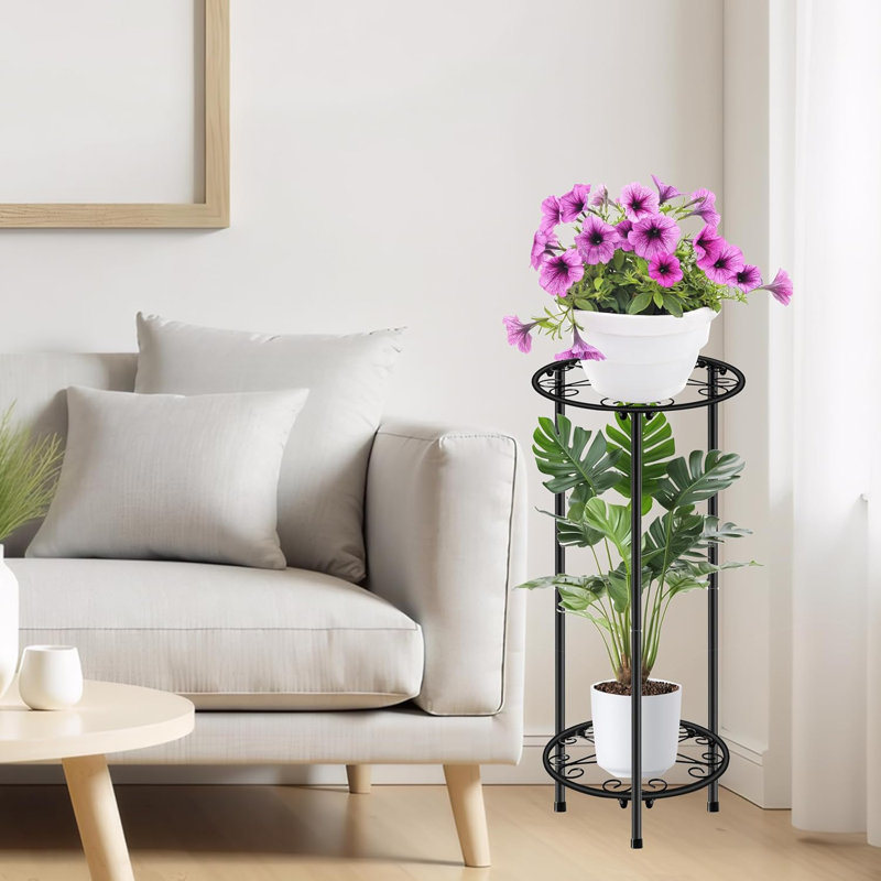 Support à plante pour l'intérieur et l'extérieur, étagère à fleurs en métal antirouille à 2 niveaux, support pour pots de plantes multiples