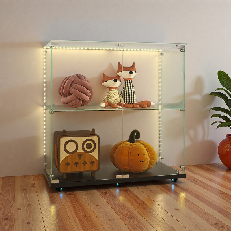 Reinforced Modern Tempered Glass Display Cabinet,Wine Cabinet,Storage Cabinet,File Cabinet,With Bluetooth LED Light Strip,Lockable Swivel Casters,Suitable For Uneven Ground,Can Be Placed Anywhere